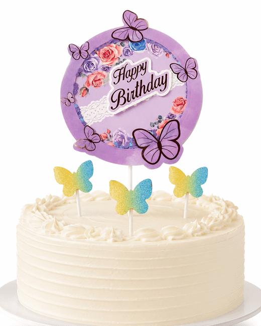 Pasta Üstü Dekor Çubuk Happy Birthday Kelebekli 4'lü Mor