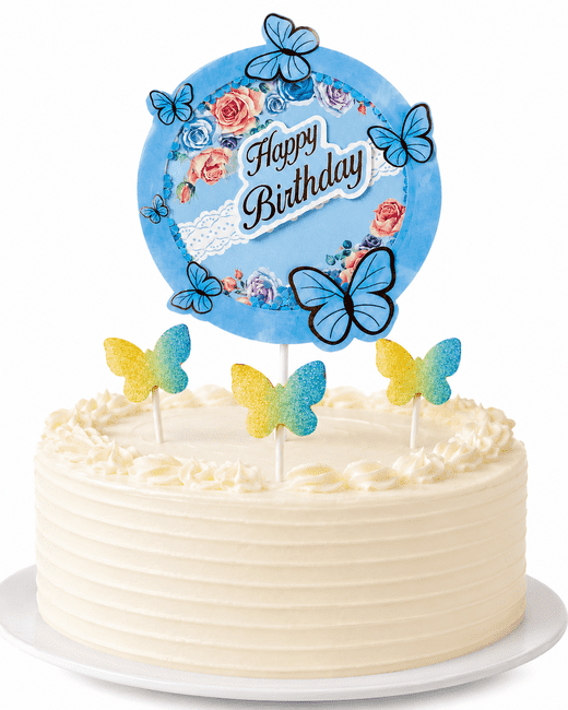 Pasta Üstü Dekor Çubuk Happy Birthday Kelebekli 4'lü Mavi