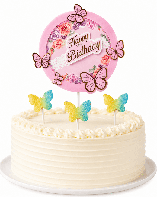 Pasta Üstü Dekor Çubuk Happy Birthday Kelebekli 4'lü Pembe